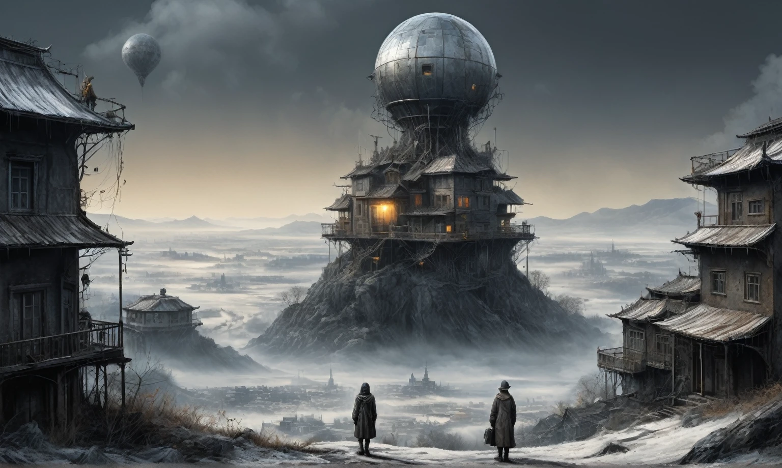 insane faity from USSR ,pinhead, camouflage Rusty, Ambient in a meteorite ,graphite witch after a psychiatric clinic,winter,intricate landscape,slate grey atmosphere,film grain,faded,eyes extremely detailed,another world,ring of truth,view from height,once pretty face,eyebrow up,full body shot,ominous landscape, Simon Stalenhag,Nicola Samori,full body shot,beggar paladium The Alien Entity,Technicolor,natural skin textures, hyper realism, hyper detailed,Extremely detailed,High contrast,Masterpiece,Realistic,Ultra Detailed, intricate details,realistic humid leather,extremly intricate,Epic Realistic, cinematic style,irina yermolova,high contrast,hdr,extremely detailed, deep night landscape,masterpiece,intricate details,faded,eyes extremely detailed, high detailed eyes,8k resolution,RAW,retina, Nikon Z9,China,Guangxi Zhuang of China,tkt style,ears perfect, transition between two art styles, Ink painting to photorealism, Double contact, X-ray, Creative, vivid light, masterpiece, fantasy, Abstract Surrealism, super detailed, high resolution, stop:35;Her skin is pale, almost translucent,ancient rock,a hot air soars through the layers of clouds, revealing a colossal and enigmatic cityscape nestled within. The buildings in this ethereal city are adorned with intricate details and exude an aura of mystery. Above the cityscape, lend an enchanting touch to the scene. steampunk. The intricate mechanics create a sense of wonder and fascination, as if stepping into a dreamlike realism