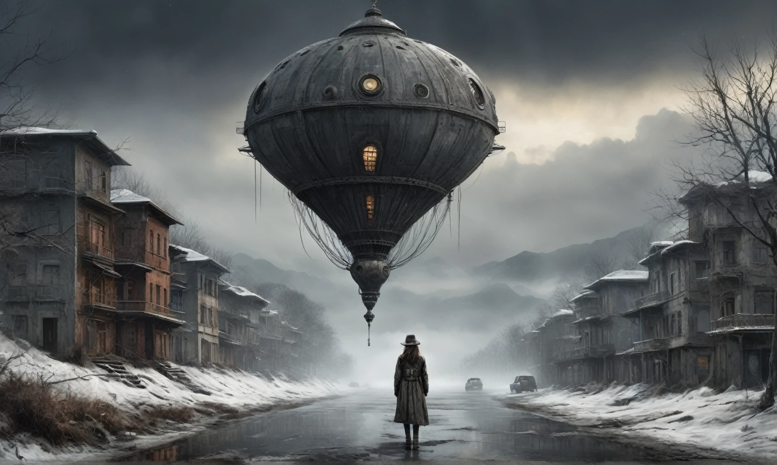 insane faity from USSR ,pinhead, camouflage Rusty, Ambient in a meteorite ,graphite witch after a psychiatric clinic,winter,intricate landscape,slate grey atmosphere,film grain,faded,eyes extremely detailed,another world,ring of truth,view from height,once pretty face,eyebrow up,full body shot,ominous landscape, Simon Stalenhag,Nicola Samori,full body shot,beggar paladium The Alien Entity,Technicolor,natural skin textures, hyper realism, hyper detailed,Extremely detailed,High contrast,Masterpiece,Realistic,Ultra Detailed, intricate details,realistic humid leather,extremly intricate,Epic Realistic, cinematic style,irina yermolova,high contrast,hdr,extremely detailed, deep night landscape,masterpiece,intricate details,faded,eyes extremely detailed, high detailed eyes,8k resolution,RAW,retina, Nikon Z9,China,Guangxi Zhuang of China,tkt style,ears perfect, transition between two art styles, Ink painting to photorealism, Double contact, X-ray, Creative, vivid light, masterpiece, fantasy, Abstract Surrealism, super detailed, high resolution, stop:35;Her skin is pale, almost translucent,ancient rock,a hot air soars through the layers of clouds, revealing a colossal and enigmatic cityscape nestled within. The buildings in this ethereal city are adorned with intricate details and exude an aura of mystery. Above the cityscape, lend an enchanting touch to the scene. steampunk. The intricate mechanics create a sense of wonder and fascination, as if stepping into a dreamlike realism