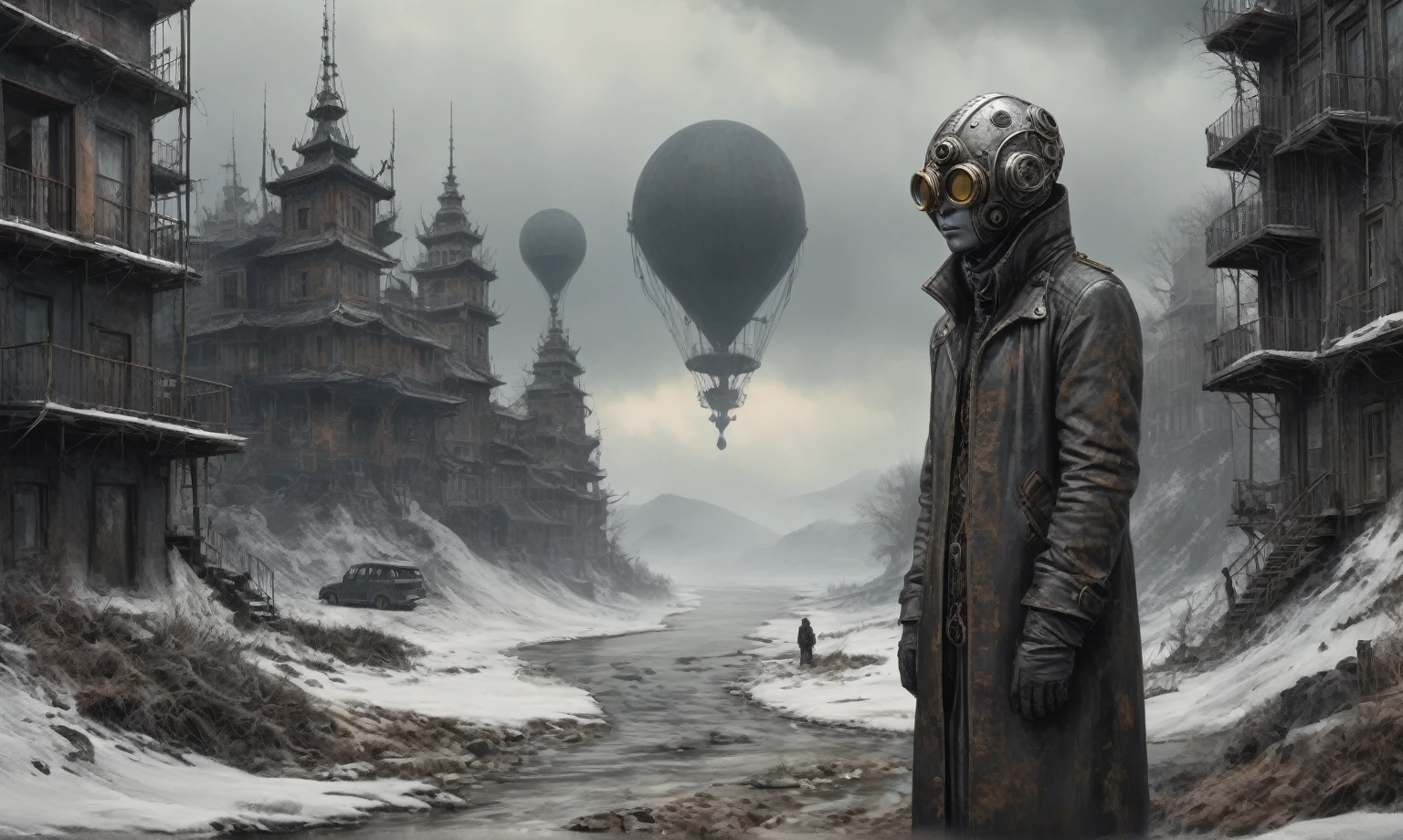 insane faity from USSR ,pinhead, camouflage Rusty, Ambient in a meteorite ,graphite witch after a psychiatric clinic,winter,intricate landscape,slate grey atmosphere,film grain,faded,eyes extremely detailed,another world,ring of truth,view from height,once pretty face,eyebrow up,full body shot,ominous landscape, Simon Stalenhag,Nicola Samori,full body shot,beggar paladium The Alien Entity,Technicolor,natural skin textures, hyper realism, hyper detailed,Extremely detailed,High contrast,Masterpiece,Realistic,Ultra Detailed, intricate details,realistic humid leather,extremly intricate,Epic Realistic, cinematic style,irina yermolova,high contrast,hdr,extremely detailed, deep night landscape,masterpiece,intricate details,faded,eyes extremely detailed, high detailed eyes,8k resolution,RAW,retina, Nikon Z9,China,Guangxi Zhuang of China,tkt style,ears perfect, transition between two art styles, Ink painting to photorealism, Double contact, X-ray, Creative, vivid light, masterpiece, fantasy, Abstract Surrealism, super detailed, high resolution, stop:35;Her skin is pale, almost translucent,ancient rock,a hot air soars through the layers of clouds, revealing a colossal and enigmatic cityscape nestled within. The buildings in this ethereal city are adorned with intricate details and exude an aura of mystery. Above the cityscape, lend an enchanting touch to the scene. steampunk. The intricate mechanics create a sense of wonder and fascination, as if stepping into a dreamlike realism