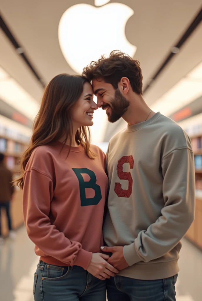 A couple holding hands, The woman with a letter B on her sweatshirt and the man with a letter S on his sweatshirt with the background of an Apple store. THEY ARE DIFFERENT LETTERS THE MAN WITH THE S ON THE SWEATSHIRT AND THE WOMAN WITH THE B