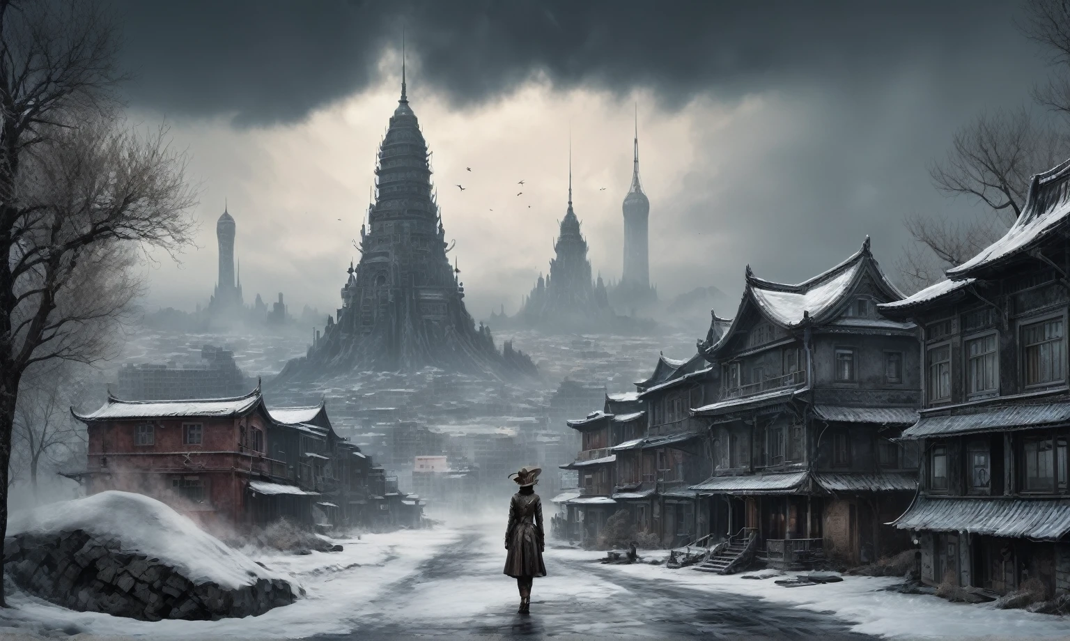 insane pilot from USSR ,pinhead, camouflage Rusty, Ambient in a meteorite ,graphite witch after a psychiatric clinic,winter,intricate landscape,slate grey atmosphere,film grain,faded,eyes extremely detailed,another world,ring of truth,view from height,once pretty face,eyebrow up,full body shot,ominous landscape, Simon Stalenhag,Nicola Samori,full body shot,beggar paladium The Alien Entity,Technicolor,natural skin textures, hyper realism, hyper detailed,Extremely detailed,High contrast,Masterpiece,Realistic,Ultra Detailed, intricate details,realistic humid leather,extremly intricate,Epic Realistic, cinematic style,irina yermolova,high contrast,hdr,extremely detailed, deep night landscape,masterpiece,intricate details,faded,eyes extremely detailed, high detailed eyes,8k resolution,RAW,retina, Nikon Z9,China,Guangxi Zhuang of China,tkt style,ears perfect, transition between two art styles, Ink painting to photorealism, Double contact, X-ray, Creative, vivid light, masterpiece, fantasy, Abstract Surrealism, super detailed, high resolution, stop:35;Her skin is pale, almost translucent,ancient rock,a hot air soars through the layers of clouds, revealing a colossal and enigmatic cityscape nestled within. The buildings in this ethereal city are adorned with intricate details and exude an aura of mystery. Above the cityscape, lend an enchanting touch to the scene. steampunk. The intricate mechanics create a sense of wonder and fascination, as if stepping into a dreamlike realism
