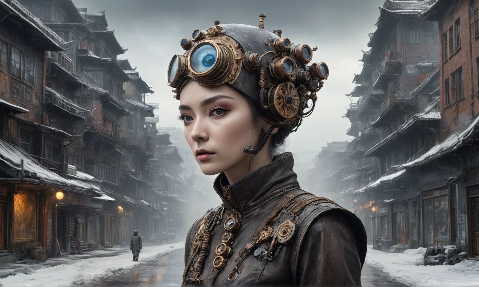 insane pilot from USSR ,pinhead, camouflage Rusty, Ambient in a meteorite ,graphite witch after a psychiatric clinic,winter,intricate landscape,slate grey atmosphere,film grain,faded,eyes extremely detailed,another world,ring of truth,view from height,once pretty face,eyebrow up,full body shot,ominous landscape, Simon Stalenhag,Nicola Samori,full body shot,beggar paladium The Alien Entity,Technicolor,natural skin textures, hyper realism, hyper detailed,Extremely detailed,High contrast,Masterpiece,Realistic,Ultra Detailed, intricate details,realistic humid leather,extremly intricate,Epic Realistic, cinematic style,irina yermolova,high contrast,hdr,extremely detailed, deep night landscape,masterpiece,intricate details,faded,eyes extremely detailed, high detailed eyes,8k resolution,RAW,retina, Nikon Z9,China,Guangxi Zhuang of China,tkt style,ears perfect, transition between two art styles, Ink painting to photorealism, Double contact, X-ray, Creative, vivid light, masterpiece, fantasy, Abstract Surrealism, super detailed, high resolution, stop:35;Her skin is pale, almost translucent,ancient rock,a hot air soars through the layers of clouds, revealing a colossal and enigmatic cityscape nestled within. The buildings in this ethereal city are adorned with intricate details and exude an aura of mystery. Above the cityscape, lend an enchanting touch to the scene. steampunk. The intricate mechanics create a sense of wonder and fascination, as if stepping into a dreamlike realism