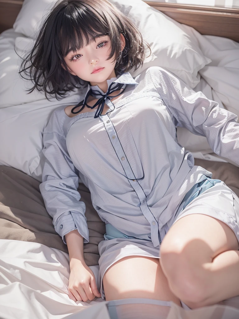 figure laying down with open legs girl is beautiful japanese female and beautiful russian female mixed race only in the face age is features of the whole body black hair medium straight bob cut hair style beautiful small face with short eyelashes boyish eyes only high nose dark blue pupils very thin upper lip milky white skin accurate attractive body shape beautiful bust waist hip s thighs knees legs choker and tie on neck wearing only a large size shirt real face kindly and slightly in bed