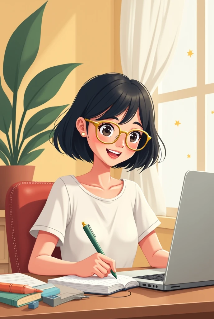 A cute wearing a white dress, has a short hair and a gold glasses, writing something and just like a writer, with a laptop on
cartoon version