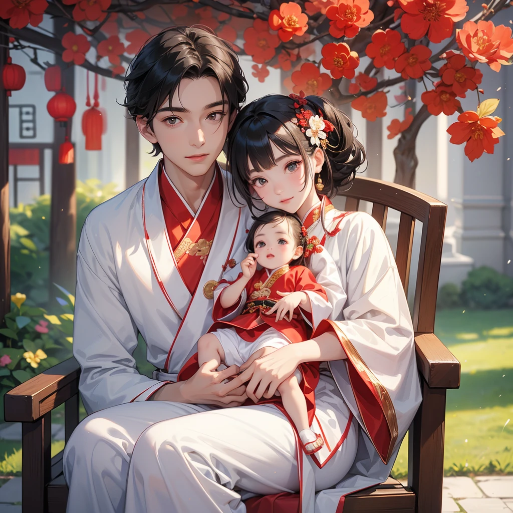 a handsome young man with good face and gentle face, wearing a white ancient Chinese costume, sitting on chair, hugging his adorable Chibi baby girl 1 year old, who is 1 year old with black hair in a red Chinese new year costume, int he morning, there is sunlight shining in the front yard garden , smiling.