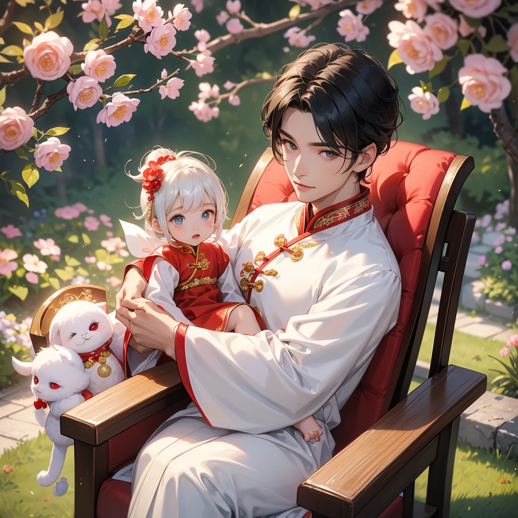 a handsome young man with good face and gentle face, wearing a white ancient Chinese costume, sitting on chair, hugging his adorable Chibi baby girl 1 year old, who is 1 year old with black hair in a red Chinese new year costume, int he morning, there is sunlight shining in the front yard garden , smiling.