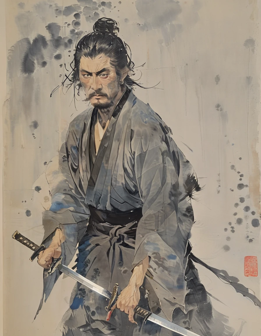 Japanese Samurai横からのアングル　　Japanese swordを持ち遠くを見ている　pale colour　Ink Painting　Like overlapping　Japanese Samurai　Japanese sword　dusk