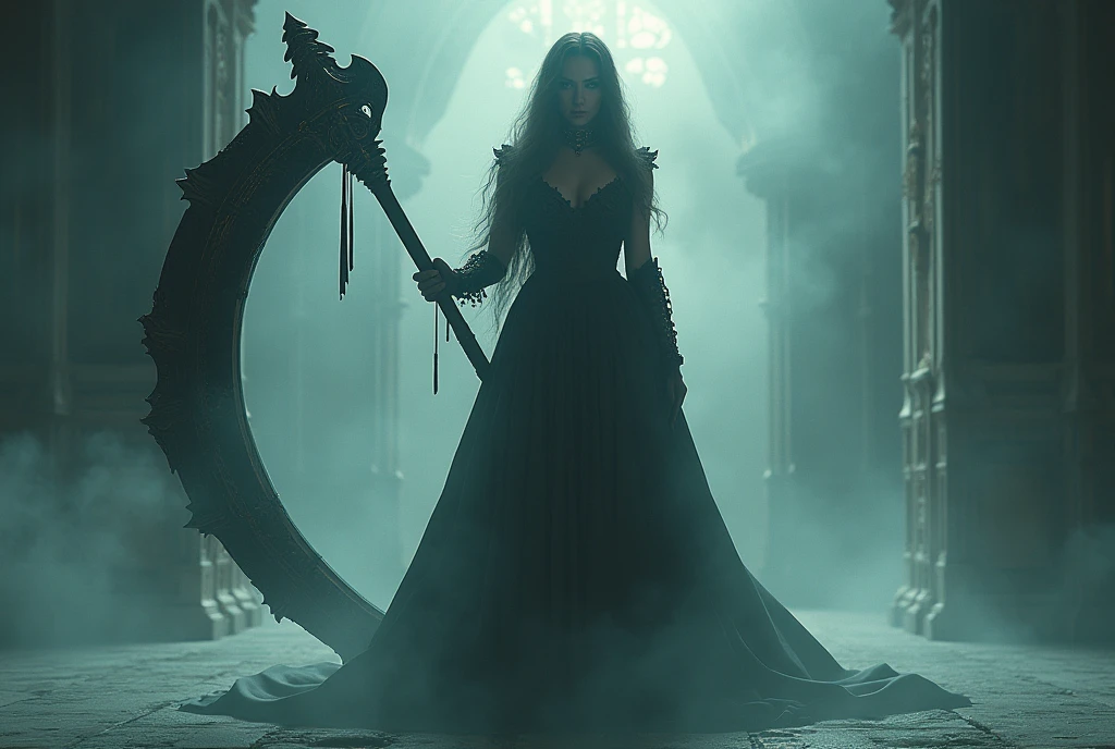 The words "INFINITY" written in large letters at the bottom of the screen, A girl wielding a huge scythe, a scythe larger than her body, ((masterpiece, highest quality, Highest image quality, High resolution, photorealistic, Raw photo, 8K)), ((Extremely detailed CG unified 8k wallpaper)), (huge stunning goddess shot, very hot and sexy, jaw-dropping beauty, perfect proportions, beautiful body, slim body beauty:1.4), A girl wielding a huge scythe, a gothic movie poster, (a huge scythe:1.5),