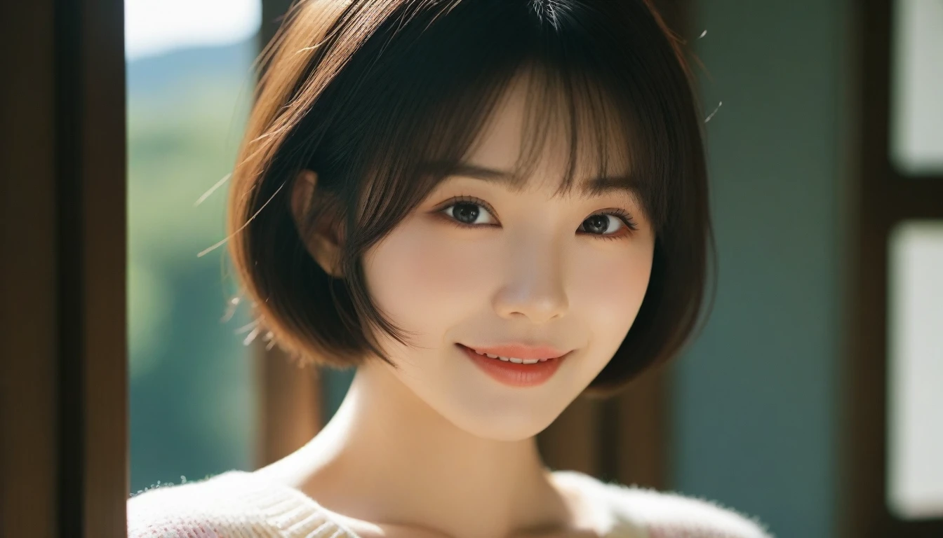 8k, Ultra-high resolution, Highest quality, masterpiece, 三分割法によるphotograph,Surreal, photograph, 1 Girl, (:1.3), pretty girl, Cute Face, 細部までBeautiful Eyes, 細かくdetailedに,masterpiece,One Girl:1.2,Japanese women,Young Wife,upper body,smile,Black hair,Bowl cut,(Summer knitwear:1.3),wood々Inside,Mountain trail,Summer sunshine,wood漏れ日,(Beautiful attention to detail),Subtle details, detailedな顔, smile,Attractive girl,(のポートレートphotograph:1.4),(Photorealistic images:1.4),Fantasy art,(Beautiful Face:1.4),Beautiful and attractive eyes、Beautiful Eyes、(Tight waist:1.4)、(Beautiful with perfect body proportions:1.4),Pink Lips,Looking at the audience,(((Ideal body type))),A-cup small breasts :2,、Portraiture:2、Perfect Anatomy、鮮明なdetailed、detailed,Fashion magazine cover,Thin lips,完璧でBeautiful Face ,完璧でCute Face, Skin with attention to detail, Perfect limbs、Narrow waist,Surreal,Light and shadow,dappled sunlight