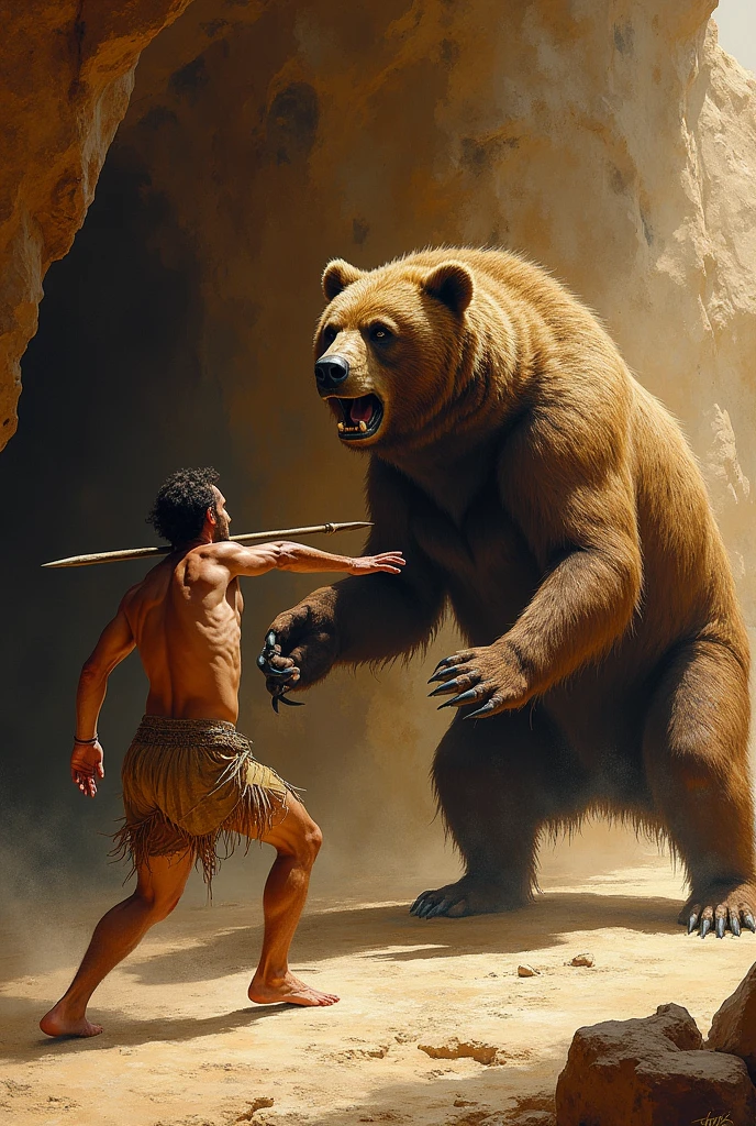 Cave painting of a prehistoric man hunting a cave bear
