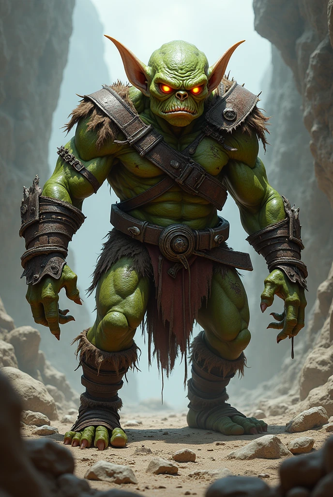 Grok is a robust and muscular goblin, with lighter green skin and scars from past battles. His eyes glow with constant fury, and he wears makeshift skin armor.