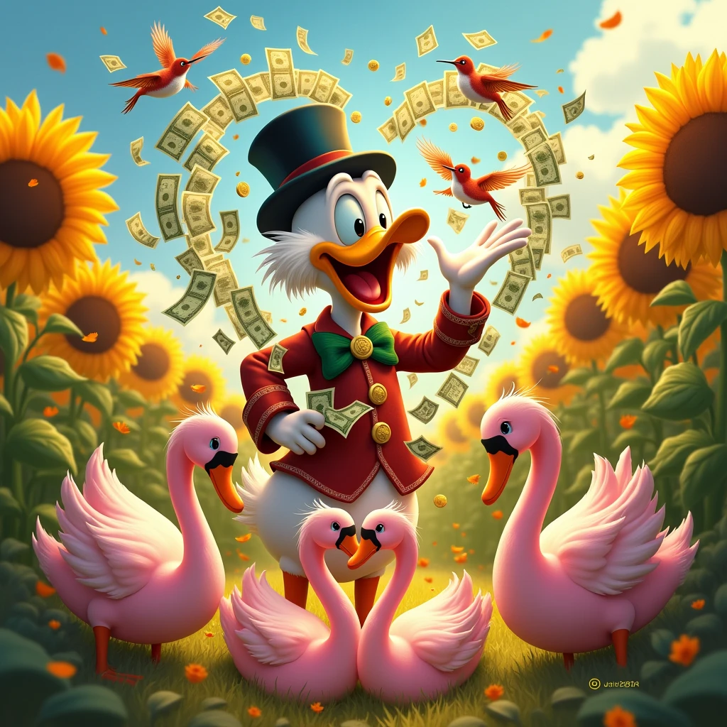 Create an image that contains: Uncle Scrooge smiling with several banknotes and coins forming a dollar sign with the money. While there are several hummingbirds flying around you in a place full of very yellow and vivid sunflowers. In floor, containing two pink swans forming a heart because they are very close.