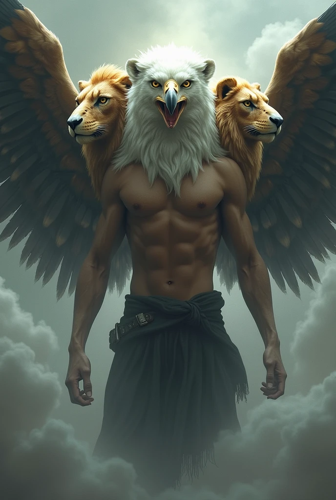 Human body with wings and 4 faces: Lion, Vee, eagle and human face

