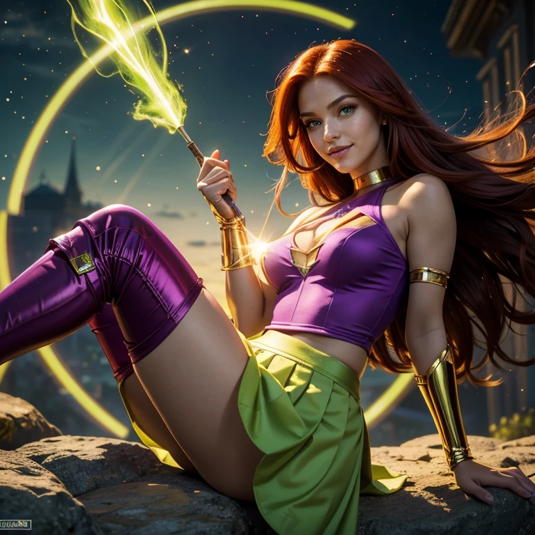 (​masterpiece, best quality:1.5), highest quality, High resolution, super detailed, Realists, Full body photo of 18-year-old Starfire from  Titans, detailed and beautiful green eyes, beautiful detailed lips, very detailed eyes and face, longeyelashes, additional eyebrows in the forehead area, Beautiful and colorful makeup, Fighting Pose, dark red hair, slightly orange skin, bright daylight, bright colors, fine brushstrokes, Portrait style, beautiful color palette, glowing skin, First-class rendering, that captures every detail, enchanting atmosphere, (perfect anatomy:1.2), (The stunning Starfire wears a purple top with shoulder plate, purple skirt and purple overknee boots.Animated series Teenans 2003, Starfire flies through the air,  Energy glows green in her hands. She smiles with joy Panoramic view:1.2)