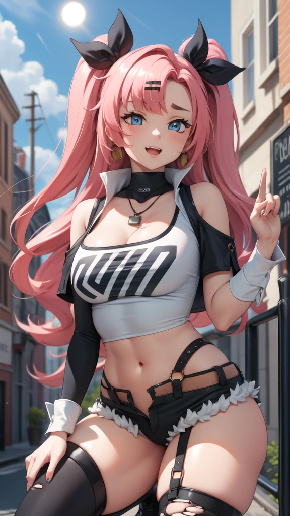 Nicole Demara, Nicole begins, (Green Eyes:1.5), Pink Hair, hair ornaments, hair ribbon, Hair Clip, Long Hair, mole, mole on breast, mole on thigh, mole under eye, Both sides up, ribbon, Grin, 笑face, Open your mouth, 

BREAK black footwear, black ribbon, black Shorts, black socks, black Knee socks, boots, Cleavage, Crop top, Earrings, jewelry, Knee-high, Manicure, necklace, O-ring, short Shorts, Shorts, Single Knee-high, One-legged socks, Single knee socks, socks, Thigh straps, Knee socks, Torn clothes, Both sides up, 

BREAK outdoors, city, NULL, cloud, sun, building, crowd, people々, alley, 

BREAK looking at viewer, (Cowboy Shot:1.5), 

BREAK (masterpiece:1.2), Highest quality, High resolution, unity 8k wallpaper, (figure:0.8), low length, Primary school students, face, Young girl body, NULL目, 