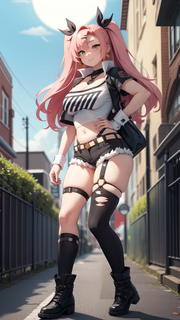 Nicole Demara, Nicole begins, (Green Eyes:1.5), Pink Hair, hair ornaments, hair ribbon, Hair Clip, Long Hair, mole, mole on breast, mole on thigh, mole under eye, Both sides up, ribbon, Grin, 笑face, Open your mouth, 

BREAK black footwear, black ribbon, black Shorts, black socks, black Knee socks, boots, Cleavage, Crop top, Earrings, jewelry, Knee-high, Manicure, necklace, O-ring, short Shorts, Shorts, Single Knee-high, One-legged socks, Single knee socks, socks, Thigh straps, Knee socks, Torn clothes, Both sides up, 

BREAK outdoors, city, NULL, cloud, sun, building, crowd, people々, alley, 

BREAK looking at viewer, (Cowboy Shot:1.5), 

BREAK (masterpiece:1.2), Highest quality, High resolution, unity 8k wallpaper, (figure:0.8), low length, Primary school students, face, Young girl body, NULL目, 