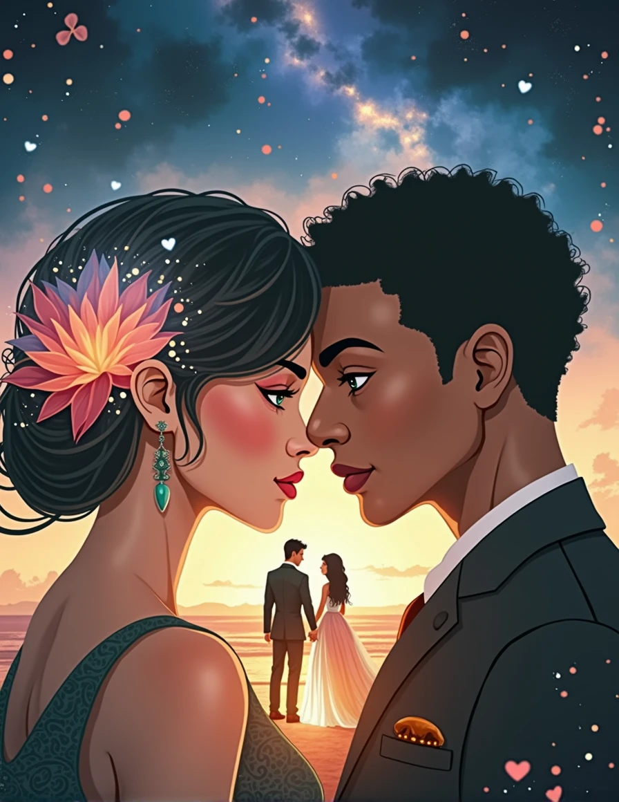 create a work of art, a portrait of an African American couple (1 handsome black man, 1 beautiful Latina woman with green eyes, dark chocolate skin) in a romantic scene, a magnificent abstract painting, the best creation, 12k, maximum expression quality of artificial intelligence