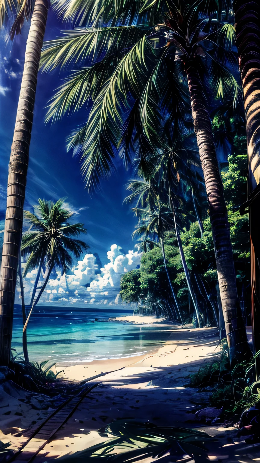 A vibrant tropical beach with turquoise water, white sand, and lush palm trees, a hammock strung between two trunks.