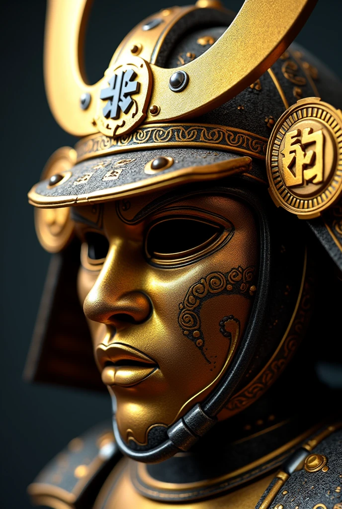 A golden Japanese samurai mask with components simulating electronic applications，Used on golden masksＩＣElectronic chip components andＣＰＵdecorate，The Japanese family crest is printed on it，overall presentation４５Degree Angle