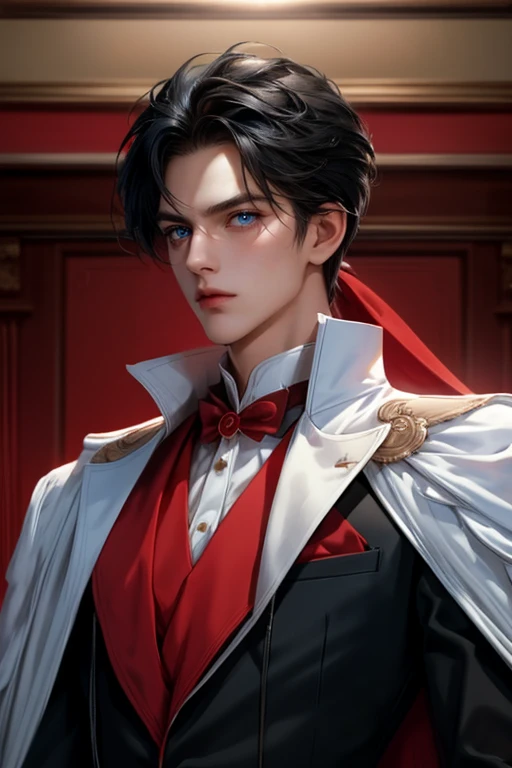 masterpiece, 最high quality, high quality, 1 boy, alone, Male focus, Watching the audience, Messy black hair, Adorable big blue eyes, White, Noble, Noble,A sexy, voluminous, puffy cape、tuxedo、A very voluminous, large, very large, very large, long, long red and black cape with a high stand-up collar, made of a lot of fabric that reaches down to the floor., ,Cute beautiful boys,Cute, cute, kind, handsome guy