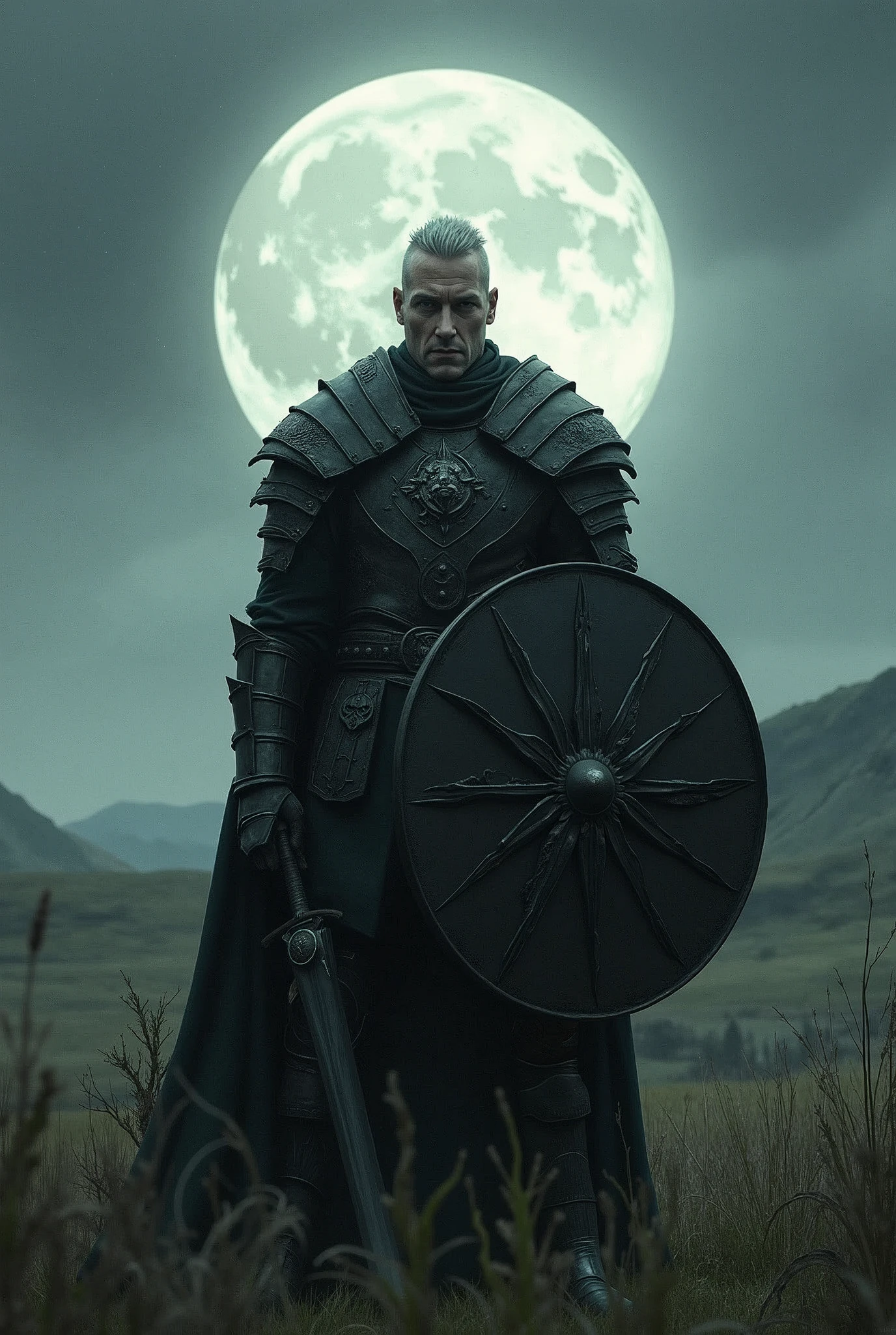A tall man, shaven , with silver and spiky hair, eyes with silver iris, in a field under the full moon, with black medieval armor with a black sun on the chest, with a giant circular shield with a sun design, Wearing a longsword in his hands, fighting the undead