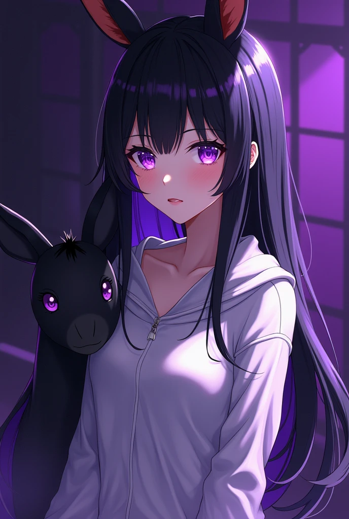 Anime girl in HD long black hair with purple, black square donkey, purple eyes lilac with dark purple, white sportswear and half body.. dark purple background