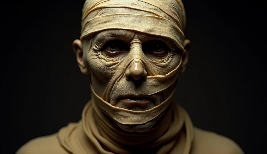 A realistic close-up of a wrapped mummy's face, with aged, yellowed bandages, partially exposed decayed skin, and hollow eye sockets, centered on a dark background