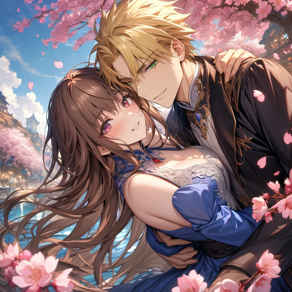 absurdres, highres, ultra detailed, HDR, master piece, best quality, extremely detailed face, delicated features, Xue Yu, brown hair, messy hair, hair between the eyes, expressive red eyes, Fate Stay Night, Saber, blonde hair, expressive green eyes, a handsome man together with a beautiful woman, couple, smiling, blue dress, black coat, fantasy, magical, cherry blossoms, pink flowers, pink butterflies, pink petals, water, crystal glass, blue sky