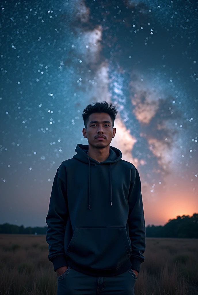 Wide view photo, The malaysian man 29 year old, standing look a camera, background Fishseye milky way (The beginning of creation Beautiful), A wonderful and vast universe with many galaxies. Real, professional photography