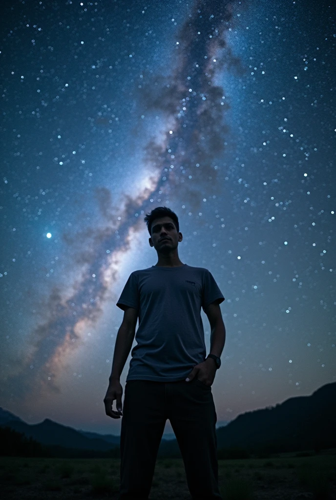 Wide view photo, The malaysian man 29 year old, standing look a camera, background Fishseye milky way (The beginning of creation Beautiful), A wonderful and vast universe with many galaxies. Real, professional photography