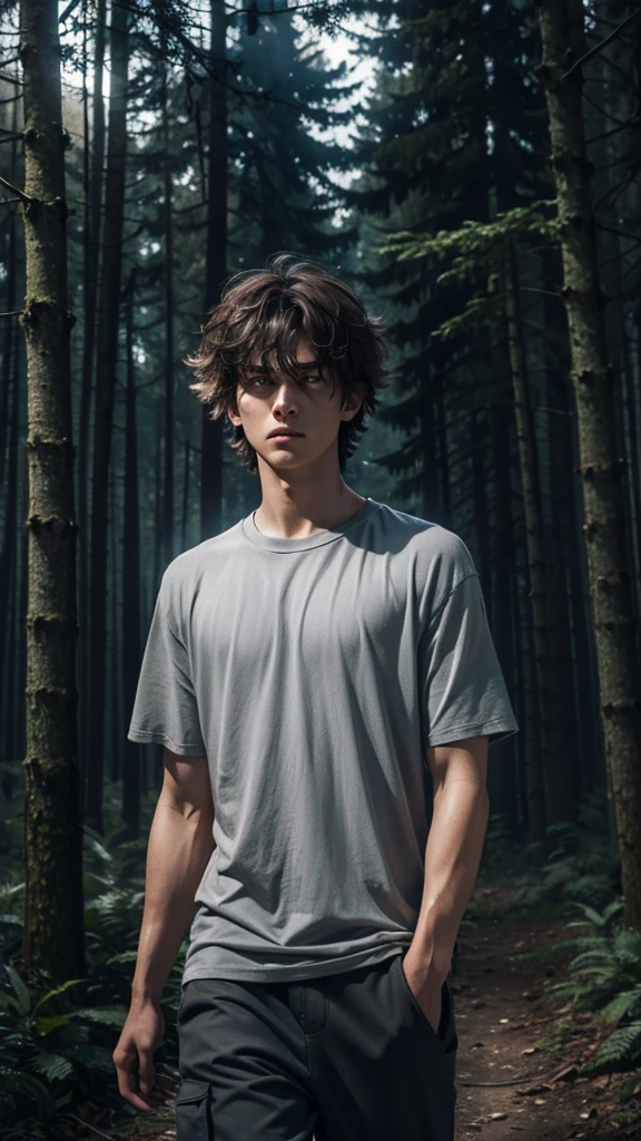 (Dynamic angle, medium shot), ultra-detailed, illustration, 1boy, ((short, messy hair, worn simple grey shirt and trousers:1.4, tired eyes)), His expression shows deep sadness and hopelessness, (dark forest:1.2), (tall, shadowy trees), (faint light filtering through branches:1.1), (slightly slumped shoulders), (walking alone), (night:1.2), [[detailed facial features and expression:0.85]::0.95], (emotional tension), (moody atmosphere).