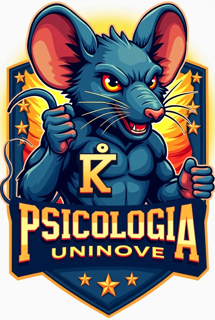 Create a mascot image for the Psychology course. The rat must have a confident and empowered posture, symbolizing strength and overcoming. He must be holding the Psychology symbol (Ψ) With an expression of determination. Use colors that represent Psychology, como azul, yellow and red, no design, swirly vibrant colors. Include the name 'PSICOLOGIA UNINOVE' in bold, with typography that conveys power and professionalism. The mascot's style should be aggressive and inspiring., with features that show power and resilience. Design should reflect the spirit of support, development and reception of the group, incorporating additional symbols related to Psychology, significant elements for the course and practice of Psychology