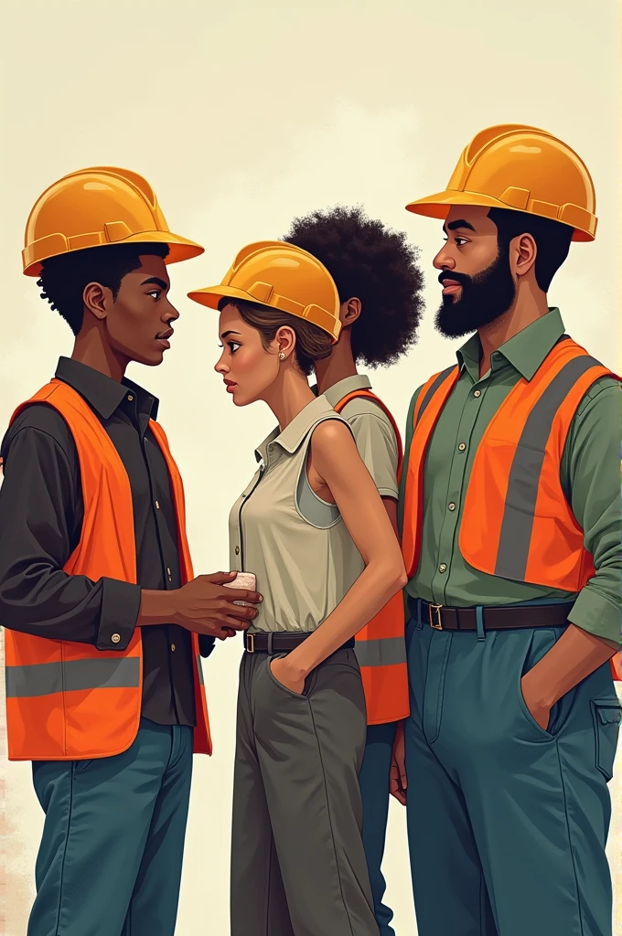 Make a picture in which there are four students. One of them is dark-skinned, the second is a woman, the third is a white man and the fourth is a worker and there is something that selects the white man.