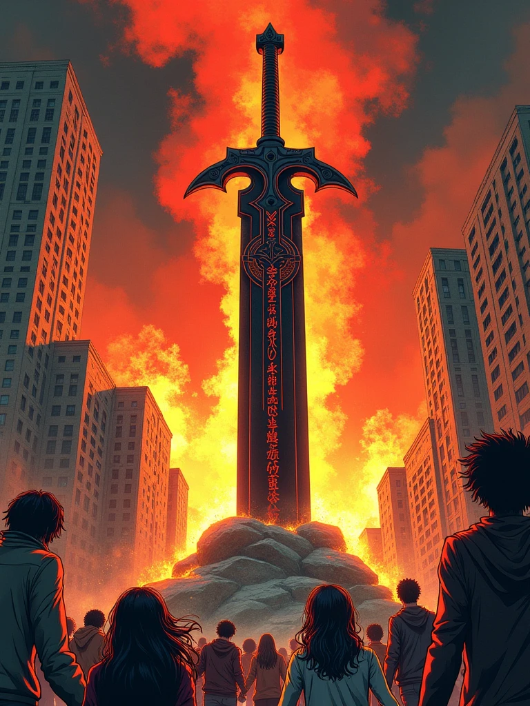 An imposing black broadsword stuck in a stone, radiating an aura of mystery and power. The blade features distinct red engravings, in the style of ancient runes, adding a mystical aspect to its formidable presence. Surrounding this powerful symbol, buildings are engulfed in fierce flames, their bright and overwhelming presence dominating the scene. Terrified people of diverse descents and genders are seen running away in fear, their expressions a mix of panic and awe. The art style is reminiscent of traditional Japanese manga but in full color, marked by dynamic line work and expressive depictions.