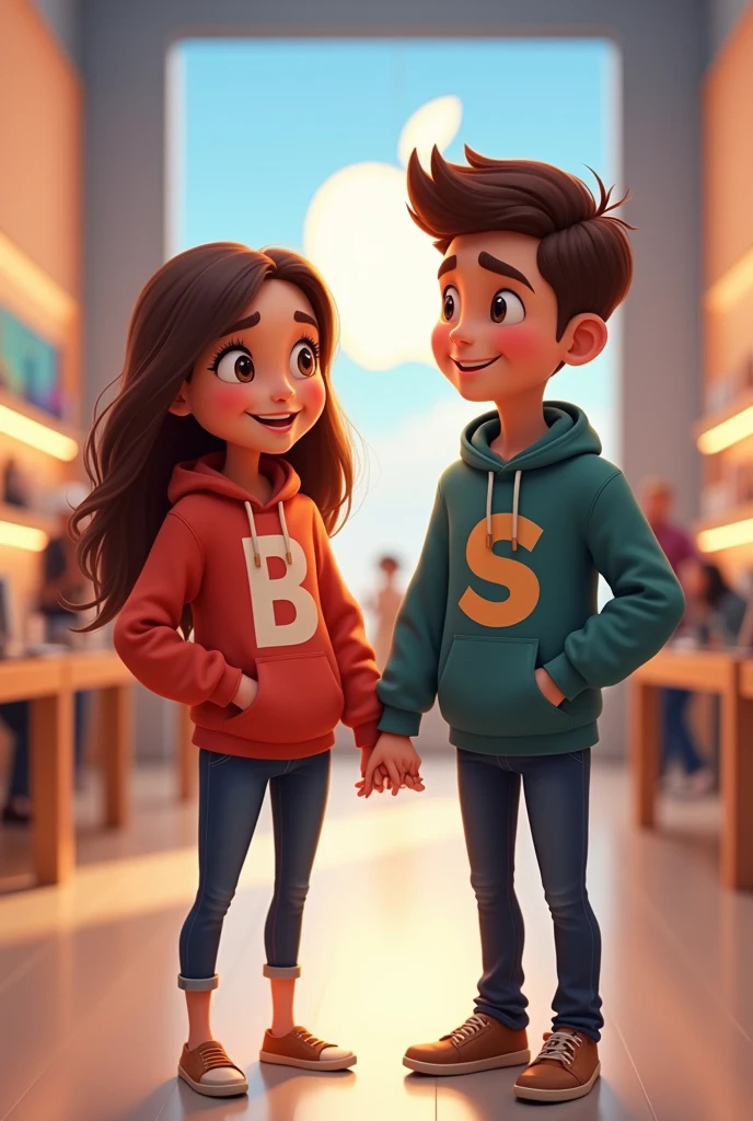 A couple holding hands, The woman with a letter B on her sweatshirt and the man with a letter S on his sweatshirt with the background of an Apple store. THEY ARE DIFFERENT LETTERS THE MAN WITH THE S ON THE SWEATSHIRT AND THE WOMAN WITH THE B, With an animated style