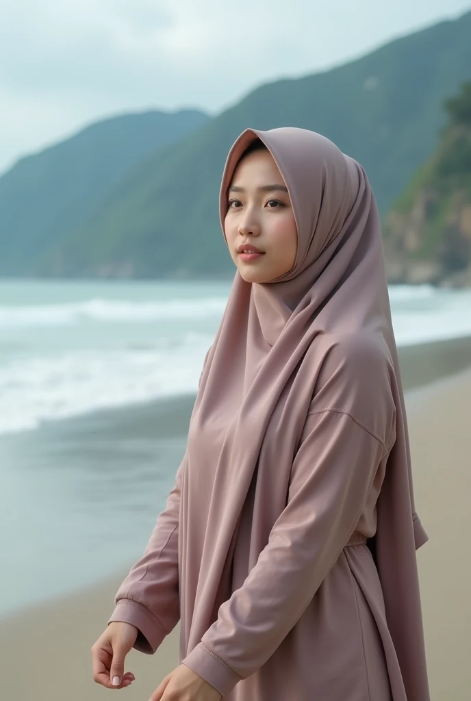 close-up of beautiful korea woman, ) wearing long hijab, walking on the beach, mountain background, UHD
