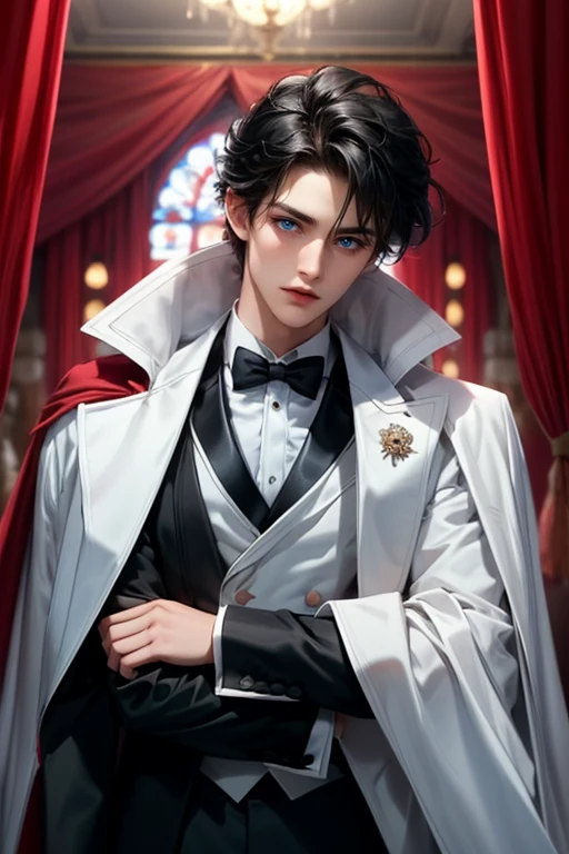 masterpiece, 最high quality, high quality, 1 boy, alone, Male focus, Watching the audience,  Messy black hair, Adorable big blue eyes, White, Noble, Noble,A sexy, voluminous, puffy cape、tuxedo、A very voluminous, large, very large, very large, long, long red and black cape with a high stand-up collar, made of a lot of fabric that reaches down to the floor., ,Cute beautiful boys,Cute, cute, kind, handsome guy