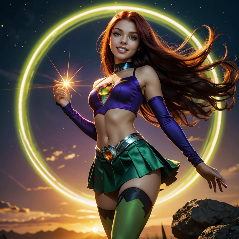 (masterpiece, best quality:1.5), highest quality, High resolution, super detailed, Realists, Full body photo of 18-year-old Starfire from Teen Titans, detailed and beautiful green eyes, beautiful detailed lips, very detailed eyes and face, longeyelashes, additional eyebrows in the forehead area, Beautiful and colorful makeup, Fighting Pose, dark red hair, slightly orange skin, bright daylight, bright colors, fine brushstrokes, Portrait style, beautiful color palette, glowing skin, First-class rendering, that captures every detail, enchanting atmosphere, (perfect anatomy:1.2), (The stunning Starfire wears a purple top with shoulder plate, purple skirt and purple overknee boots.Animated series Teen Titans 2003, Starfire flies through the air, Energy glows green in her hands. She smiles with joy Panoramic view:1.2)