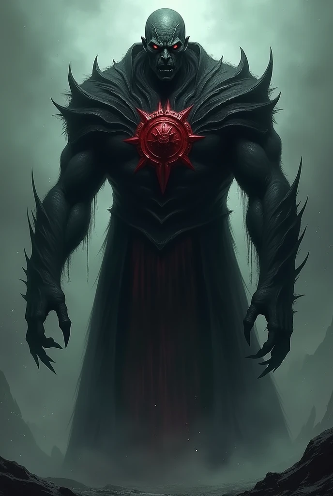 Make a big intimidating monster with dark clothes and a robe and a red badge