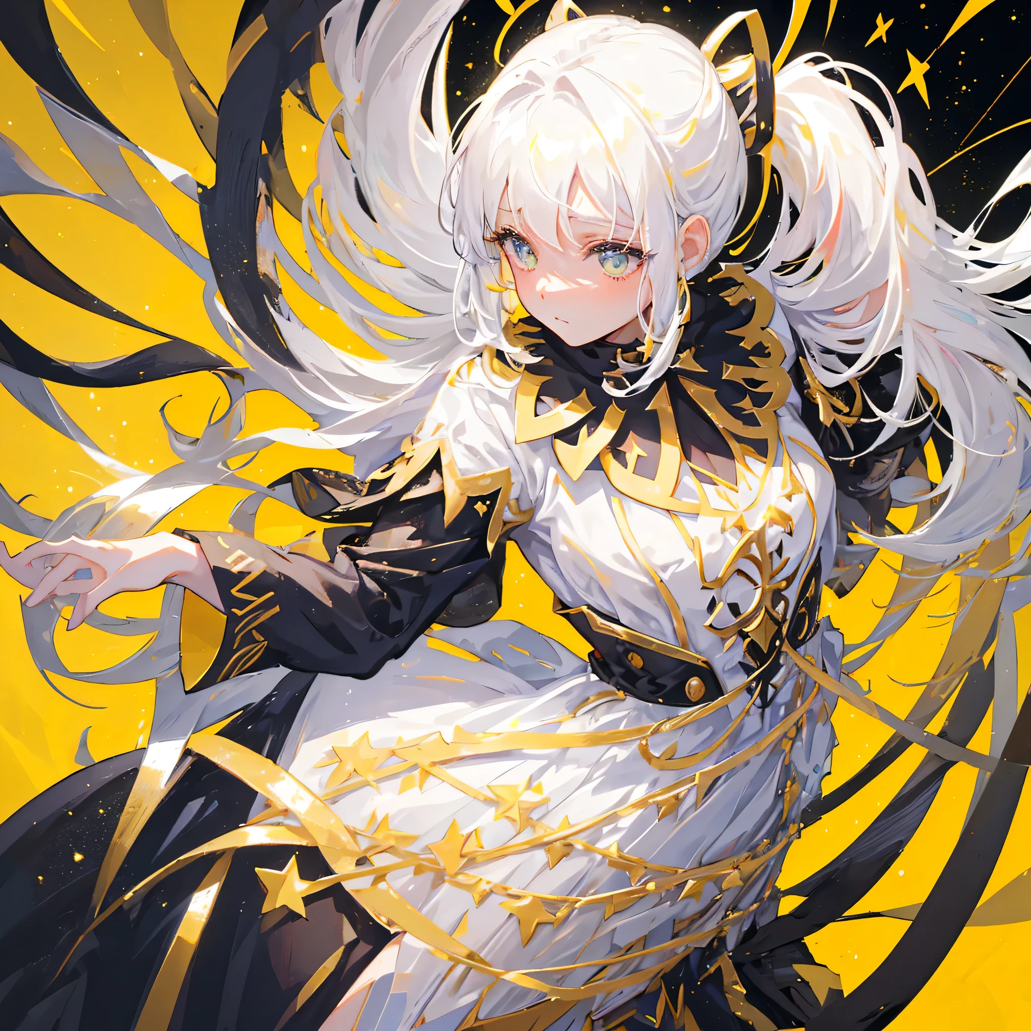 A girl with a white high ponytail,Hopeful expression,White hair,Gorgeous clothes,Black gold tone,Stars are shining around the body,Gold decorations,((Pure yellow background))