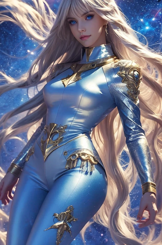 Anime style female character inspired by vintage space opera aesthetics, with elongated facial features, 165 cm tall, having blond, waist-length, wavy hair with V bangs, and blue eyes. She is wearing tight skinny jeans with high boots over them, adding an equestrian touch to her ensemble. The character's design reflects a blend of space opera elements and a realistic body proportion, highlighting her strong yet feminine presence.