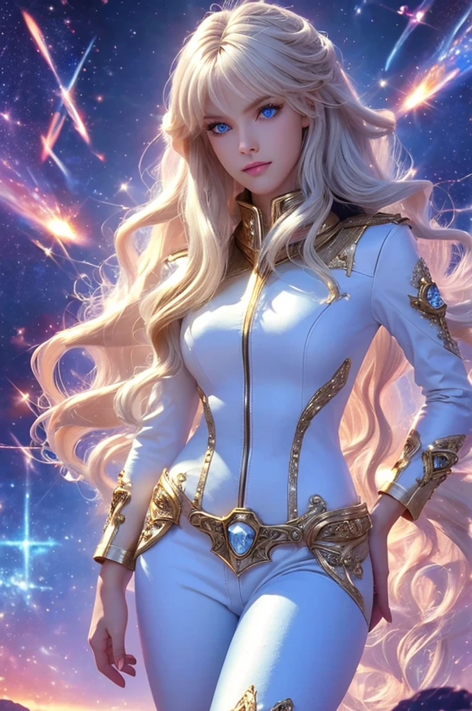 Anime style female character inspired by vintage space opera aesthetics, with elongated facial features, 165 cm tall, having blond, waist-length, wavy hair with V bangs, and blue eyes. She is wearing tight skinny jeans with high boots over them, adding an equestrian touch to her ensemble. The character's design reflects a blend of space opera elements and a realistic body proportion, highlighting her strong yet feminine presence.