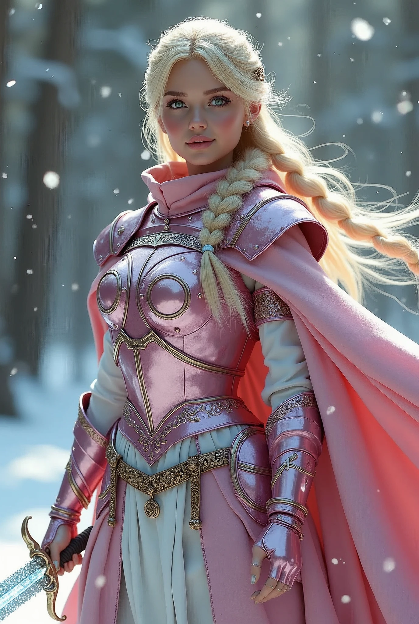 ((portrait, upper torso, armored female paladin, battle worn gloss pink lacquered perfectchainmail armor:0.4, alabaster cloak, (((((big tits, huge breasts, large chest, Barbie, keyhole cleavage))), [bright blonde hair:dark hair:0.8]))), clear green eyes, blackout eyeshadow, iron circlet), braids, glowing radiant white star engraved sword, shield, sparks, windy, outdoor frozen snow snowy forest, dynamic battle pose
