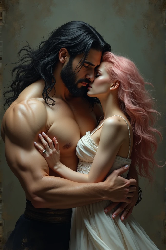 Tall, muscular white man with long black hair and black eyes, holding white woman with long pink hair 