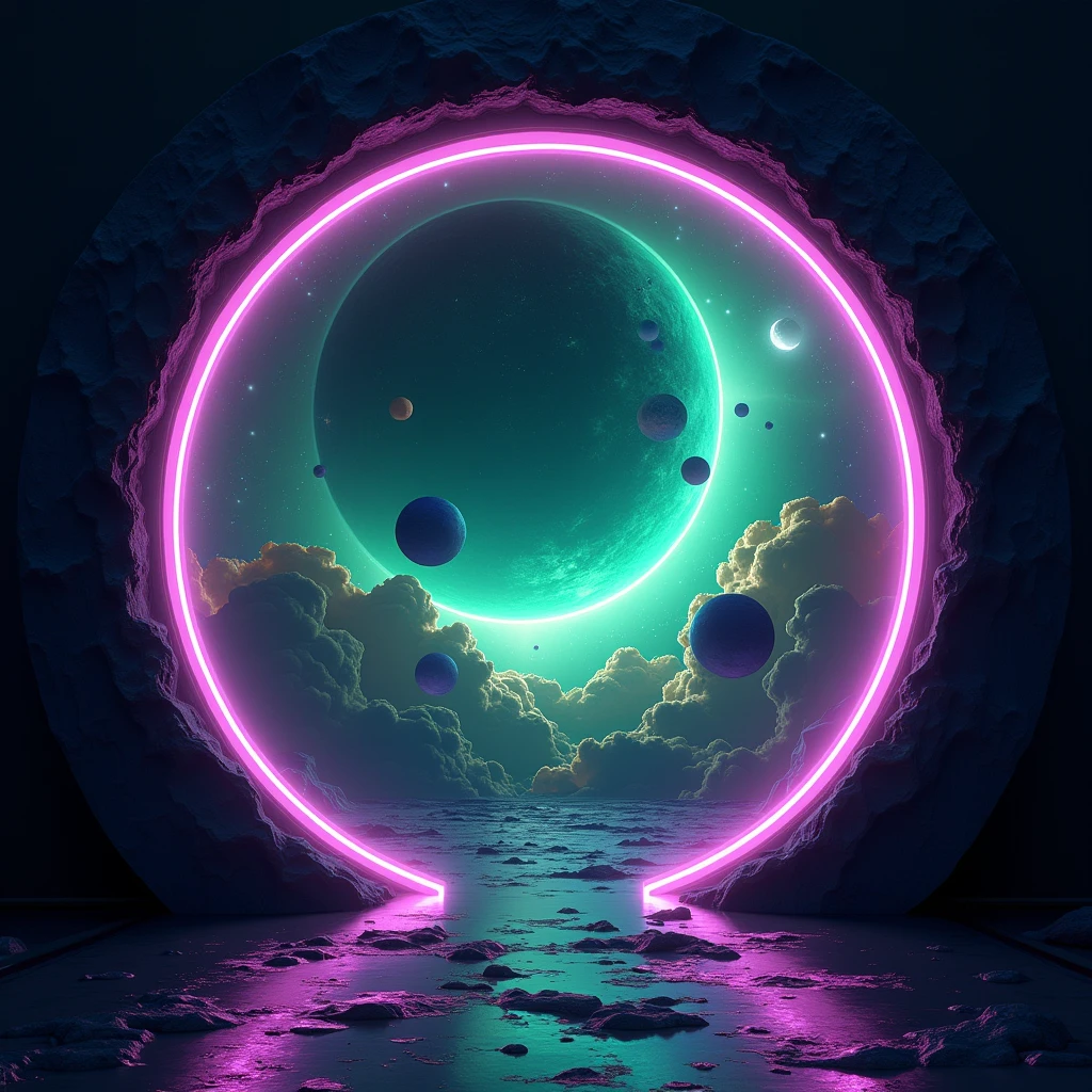 Round frame centered, Outer space, planets passing through the portal, neon colors green and violet, effect 3d, motion.