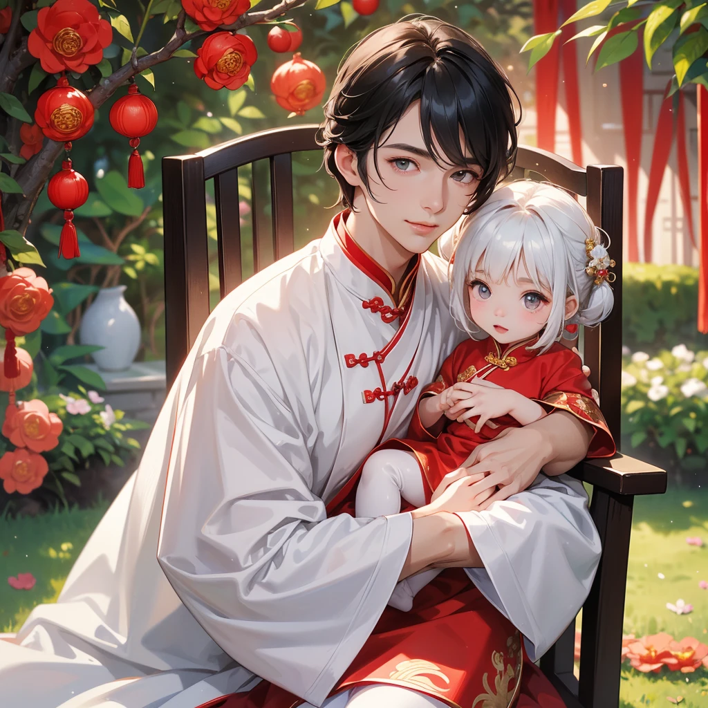 a handsome young man with good face and gentle face, wearing a white ancient Chinese costume, sitting on chair, hugging his adorable Chibi baby girl 1 year old, who is 1 year old, with black hair in a red Chinese new year costume, int he morning, there is sunlight shining in the front yard garden , smiling.