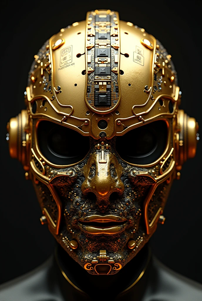 A golden Japanese samurai mask with components simulating electronic applications,Used on golden masksICElectronic chip components andCPUdecorate,The Japanese family crest is printed on it,overall presentation50Degree Angle