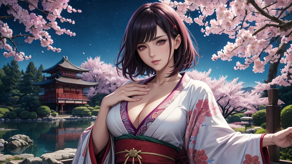red eyes, (highest quality, masterpiece painting:1.3), immature woman, , (half body shot), masterpiece, ultra high resolution, (Photoreal:1.0), purple short hair,straight hair, beautiful shining hair, white and shining skin, ((Ultra realistic details)), octane rendering, highly detailed face, (big breasts:0.8), (make a heart with hands), Wearing a beautiful Japanese kimono, Kimono has colors and patterns, Hair flutters under the influence of the wind, Japanese garden with beautiful cherry blossoms at night, Mysterious night sky, Beautiful Landscapes, sharp focus, intricate details, professional artwork, (bright colors:1.1), bright colors, diffused lighting, digital blending, ultra-definition body, ultra detail hair, super detailed face, that'It's trending on pixiv, top button open, Cute gaze, compensate, perfect lips, perfect compensate, Ultra-precision coating, (light_smile:0.8), (Very embarrassed:1.2), blush your nose,