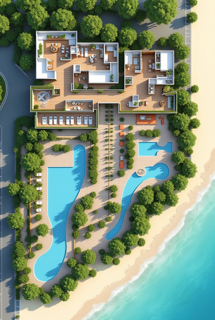 2D hotel plan on the beach which first shows the reception space The restaurant space The recreation space , Guest rooms with beds and everything, A SPA room, An area for people with disabilities, 3 swimming pools, Connection with green areas, This could be something like an open space and a sewage tank outside the hotel., The L-shaped parking lot One part in front and the rest in the back.