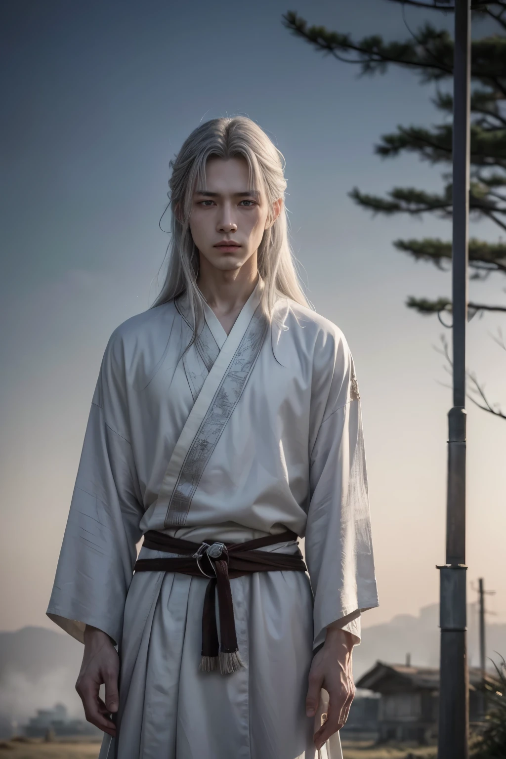 tall and slender, with long silver hair and intense violet eyes. His skin is pale and marked by old scars.., that tell stories of past battles. Wears a white haori with silver details, that resembles a dense fog when it moves.
Personalidade: Introspective and calm, Kazuki prefers solitude and meditation. Has a strong sense of justice and honor, but his solitary nature makes him distant and difficult to approach. Despite his serene appearance, hides a deep sadness and a past marked by losses. Anime style With sword walking on the street and finds a hut